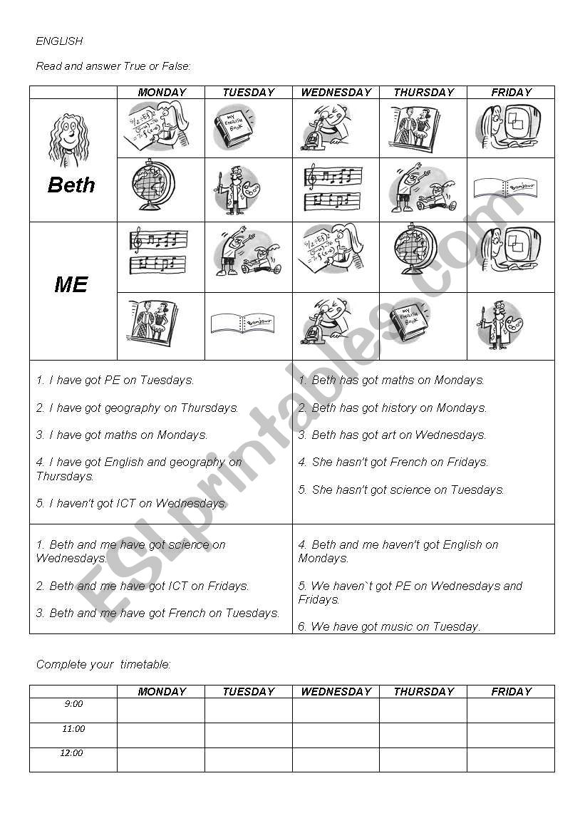 Subjects and days of the week worksheet
