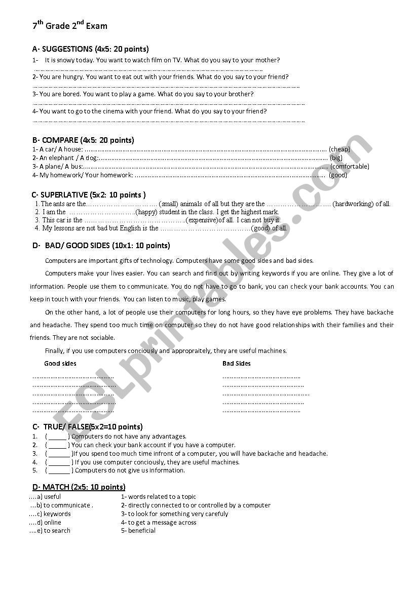 exam for seventh grade worksheet