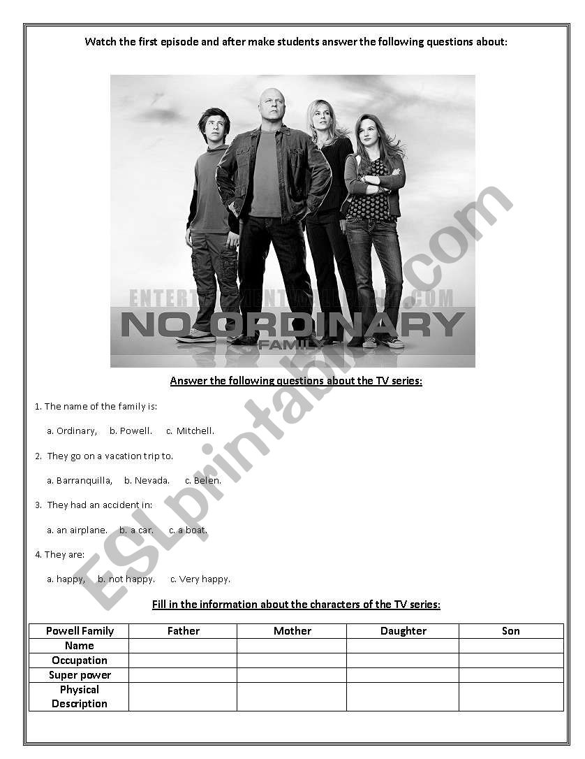 No ordinary family worksheet worksheet