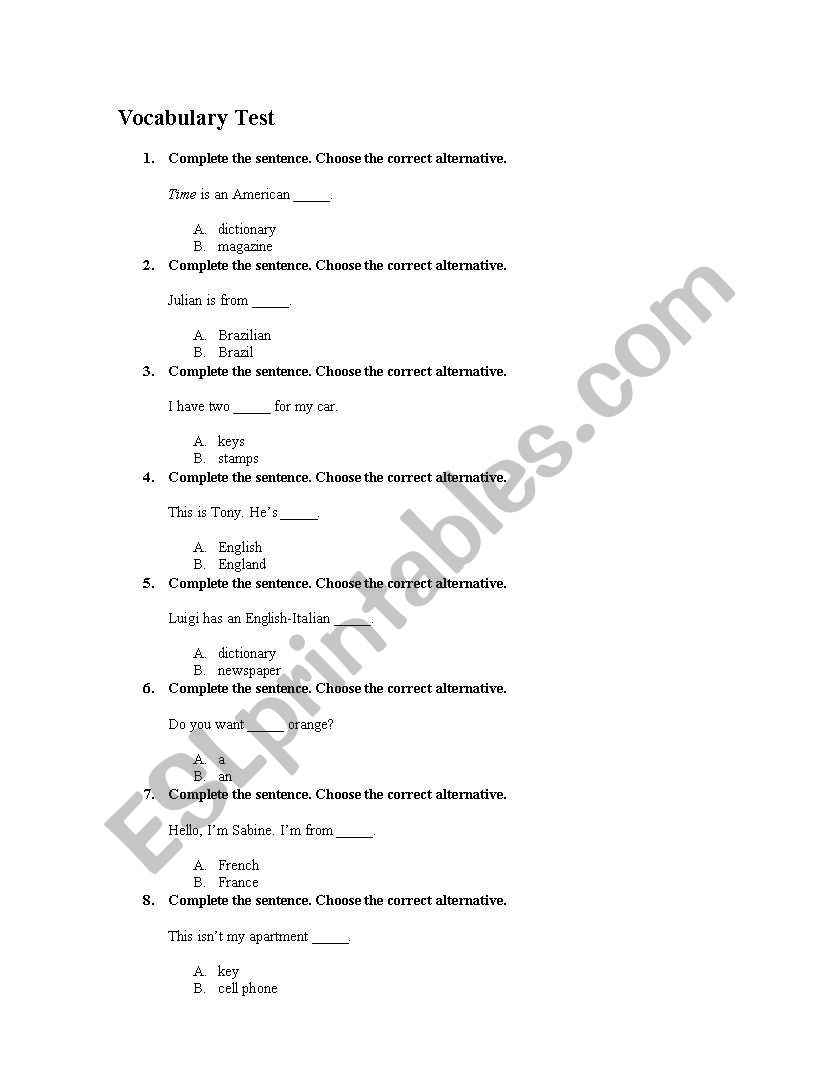 Vocabulary review test worksheet