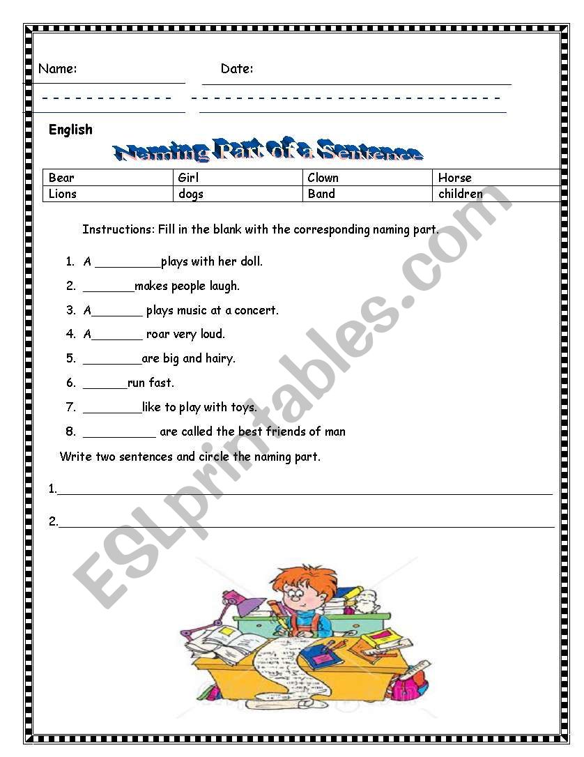 Naming/subject part worksheet worksheet