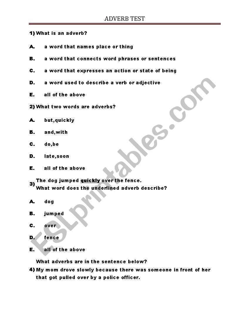 Adverbs Test worksheet
