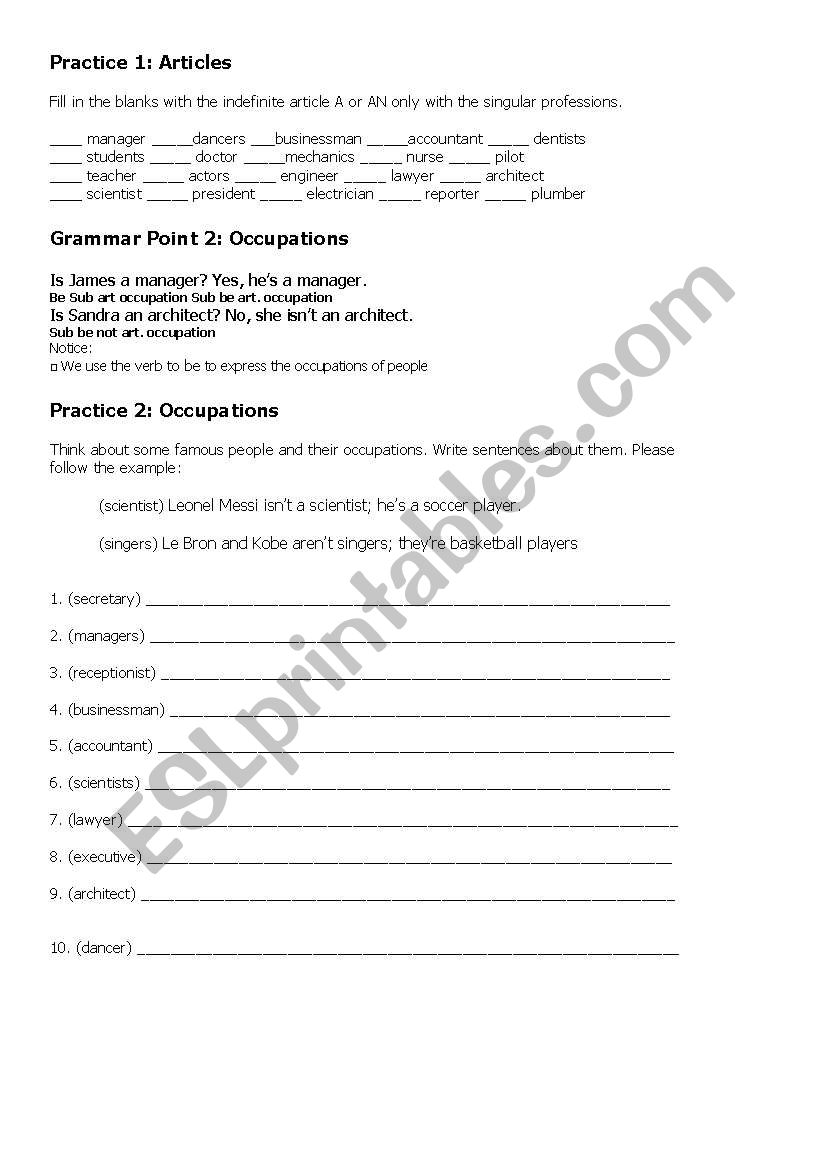 Articles and Occupations worksheet