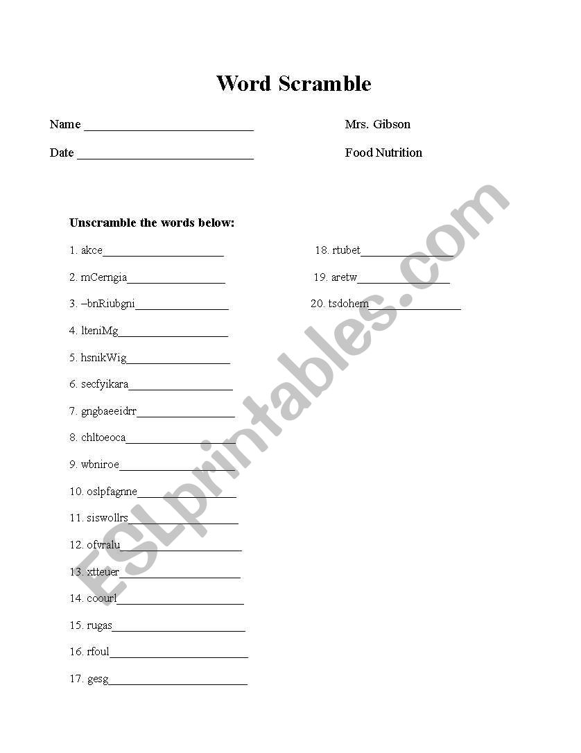 cake methods worksheet