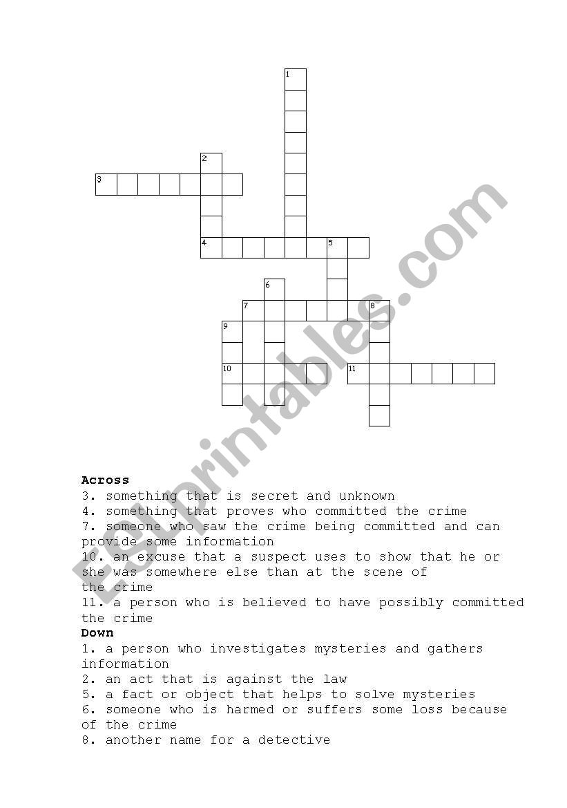 English worksheets: Crime Crossword puzzle
