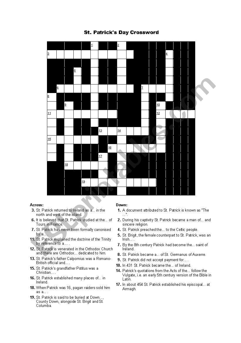st patricks day crossword esl worksheet by jkacprza