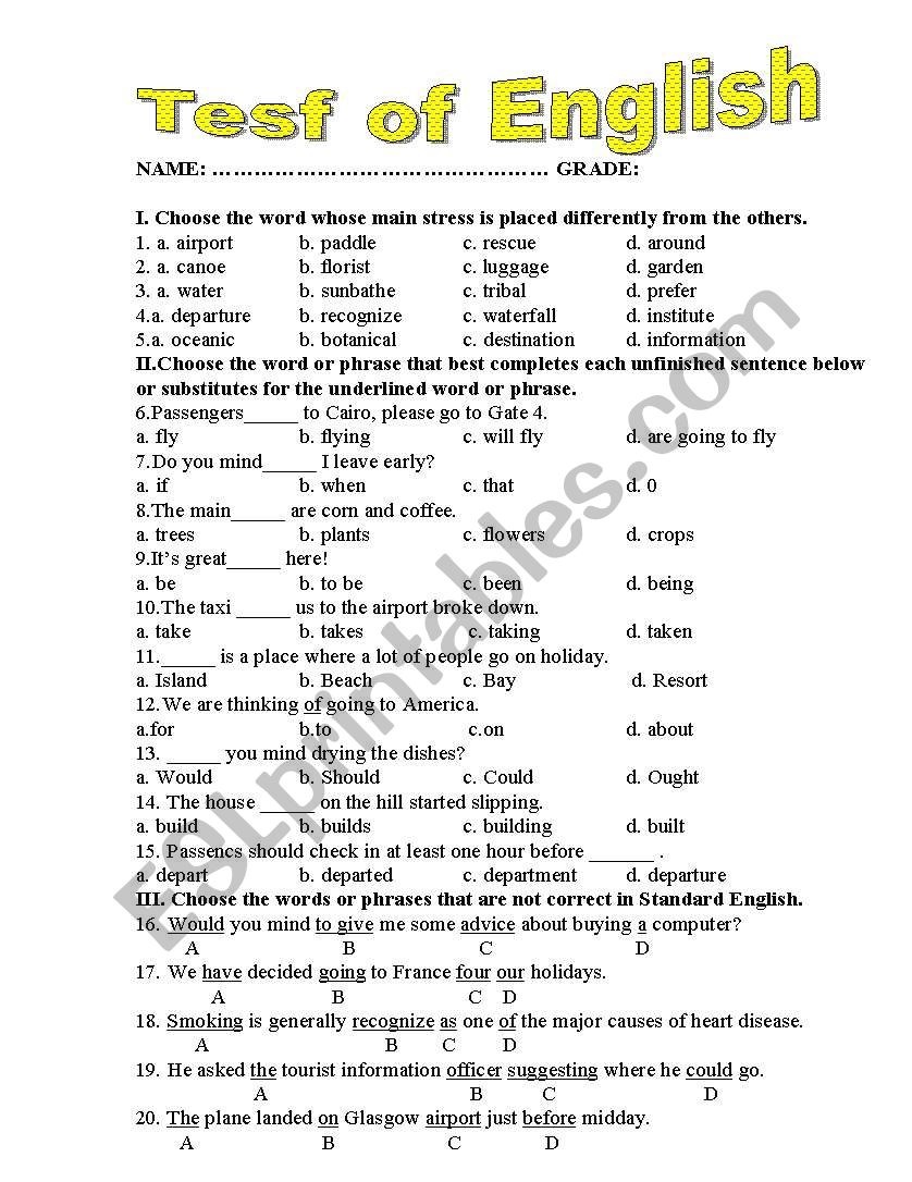 TEST OF ENGLISH worksheet