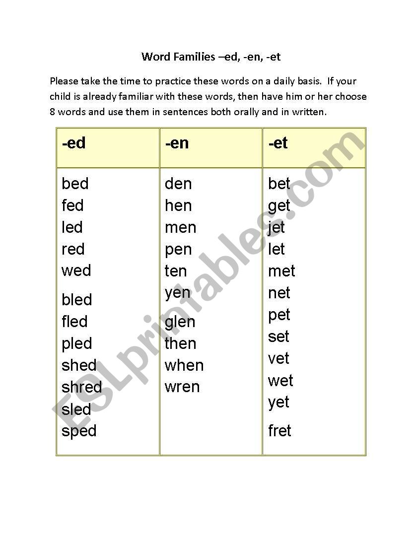 word family worksheet