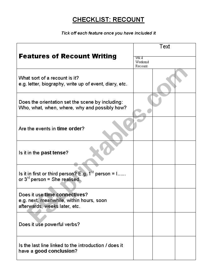 personal recount checklist worksheet