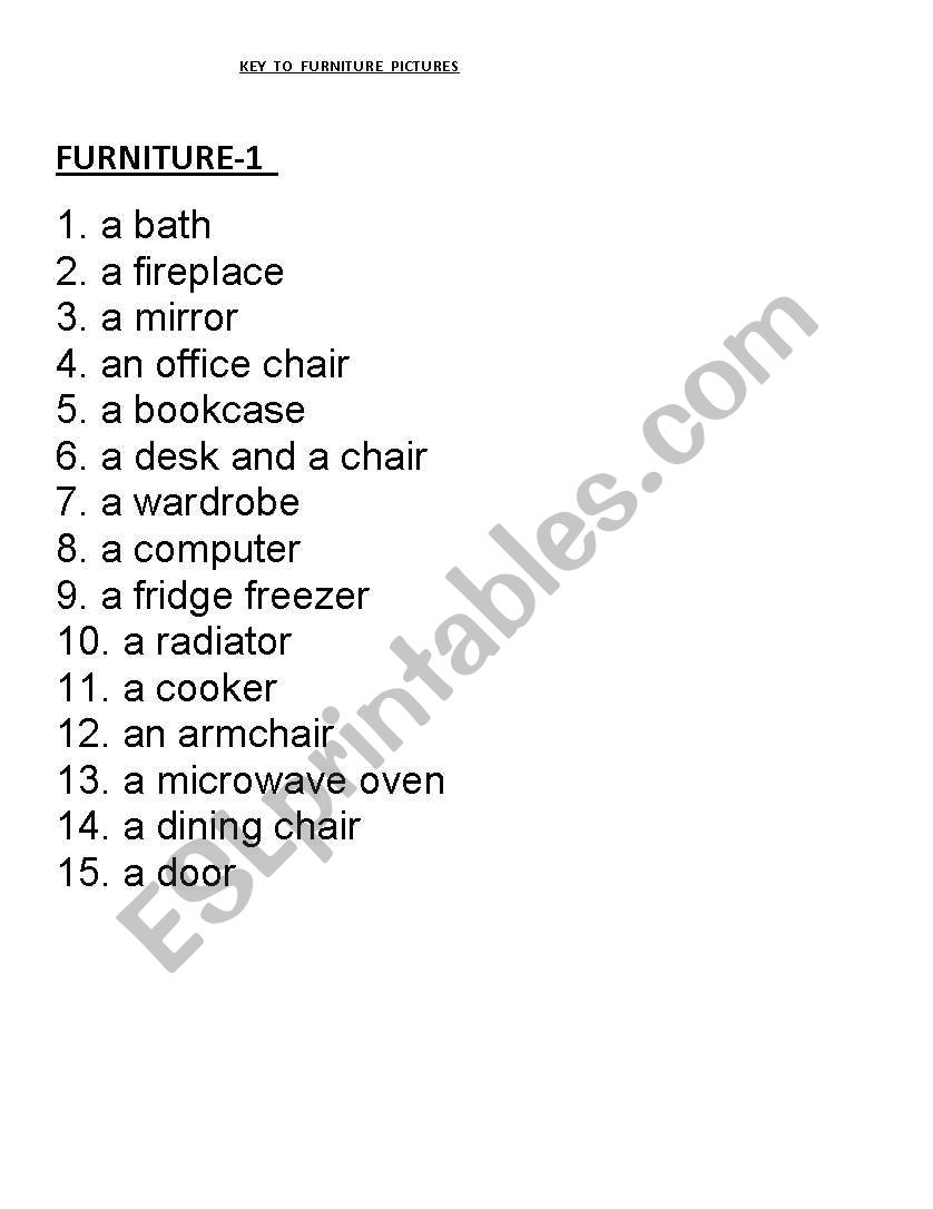 furniture  and Rooms worksheet