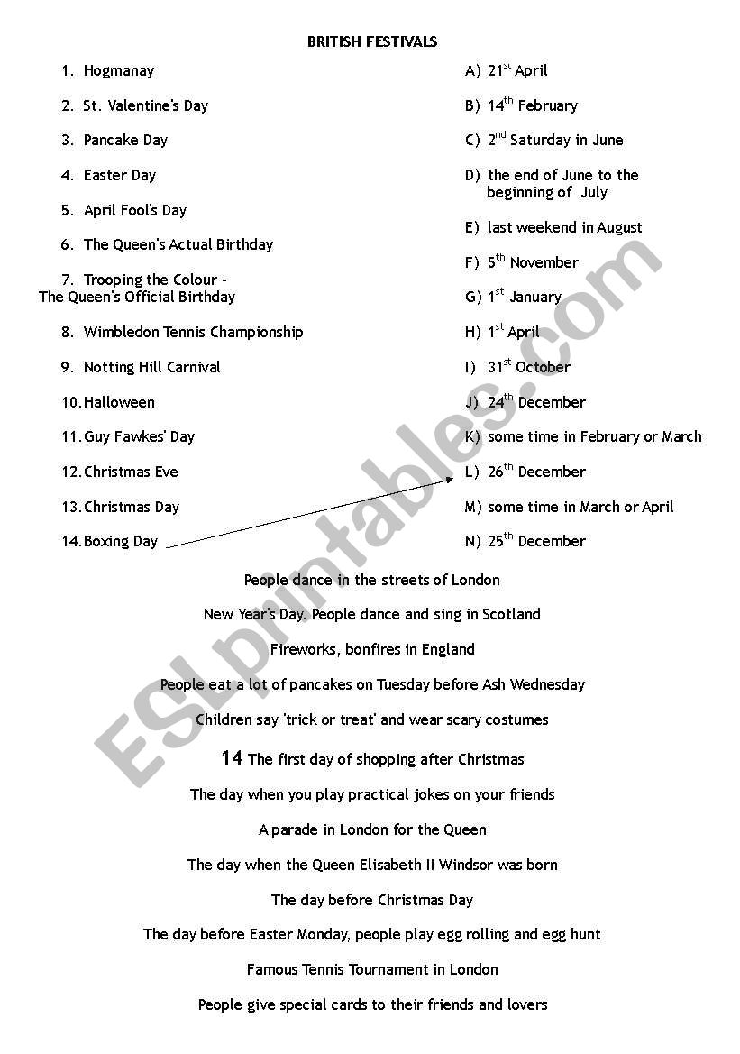 British festivals  worksheet