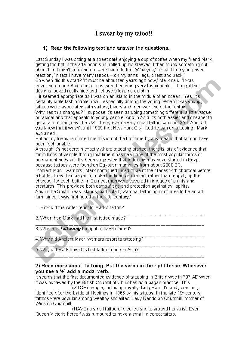 I swear by my tatoo! - ESL worksheet by Berny76