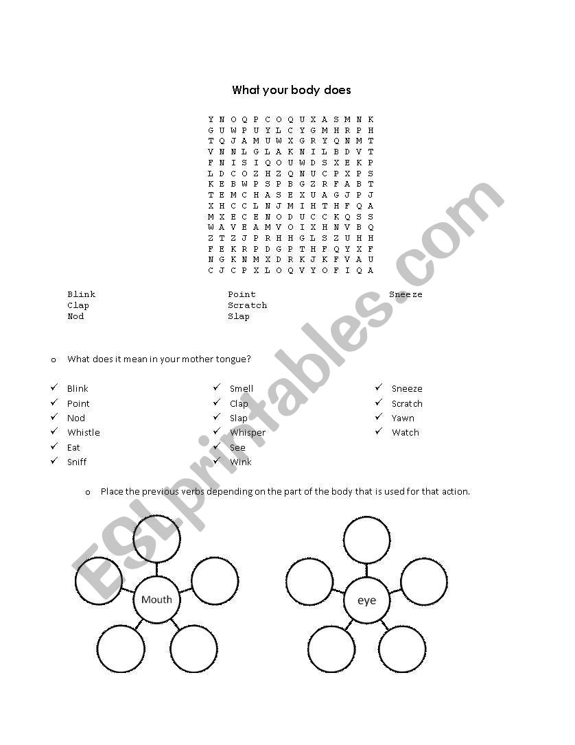 Verbs and parts of the body worksheet