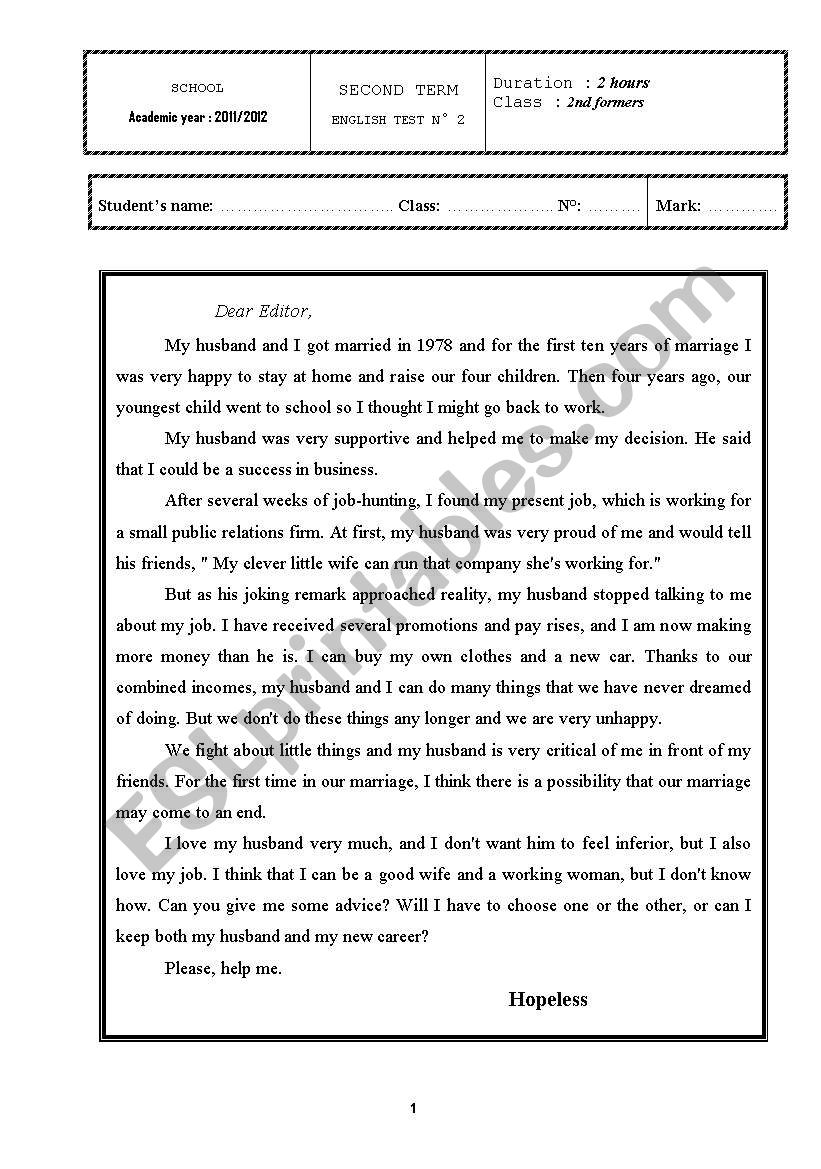 full term test n°2 2nd formers - ESL worksheet by mallouli hamdi