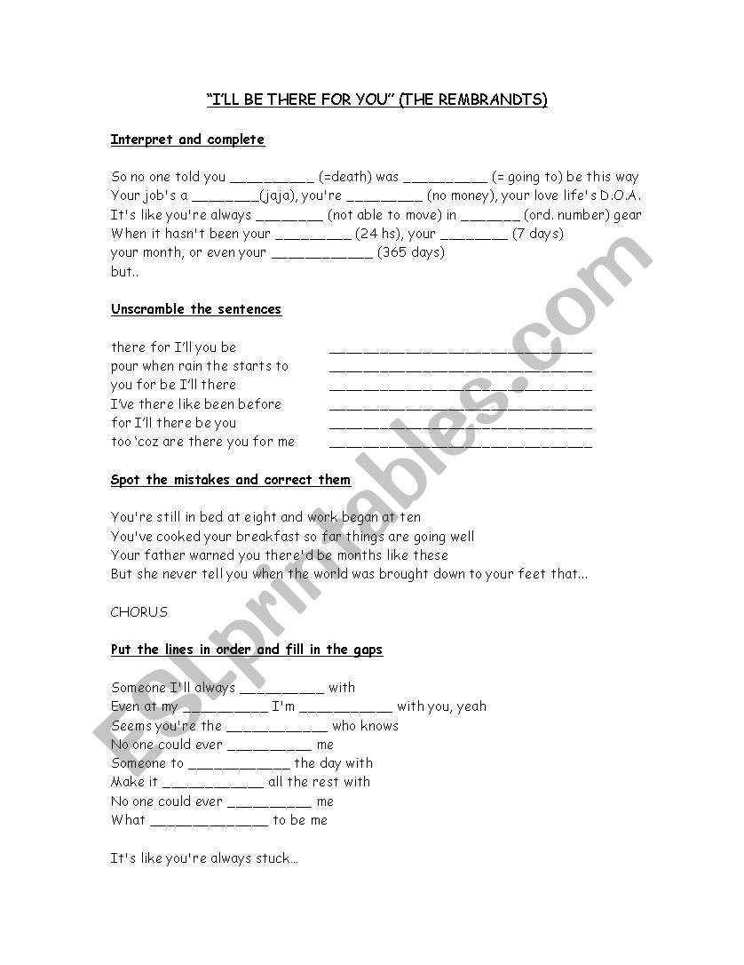 Ill be there for you worksheet