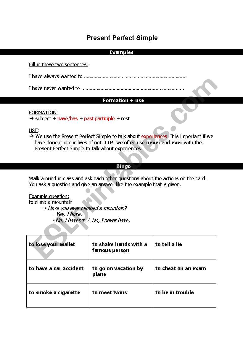 Present Perfect Simple worksheet