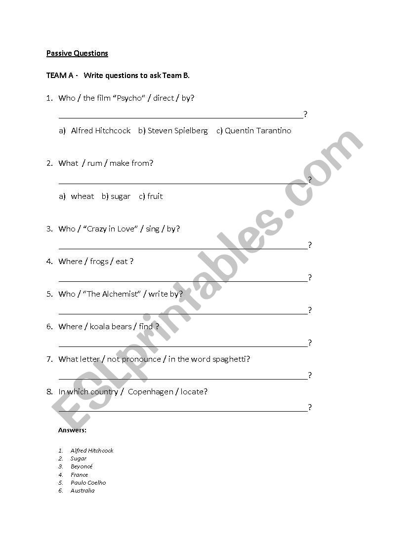 Passive Question Time worksheet