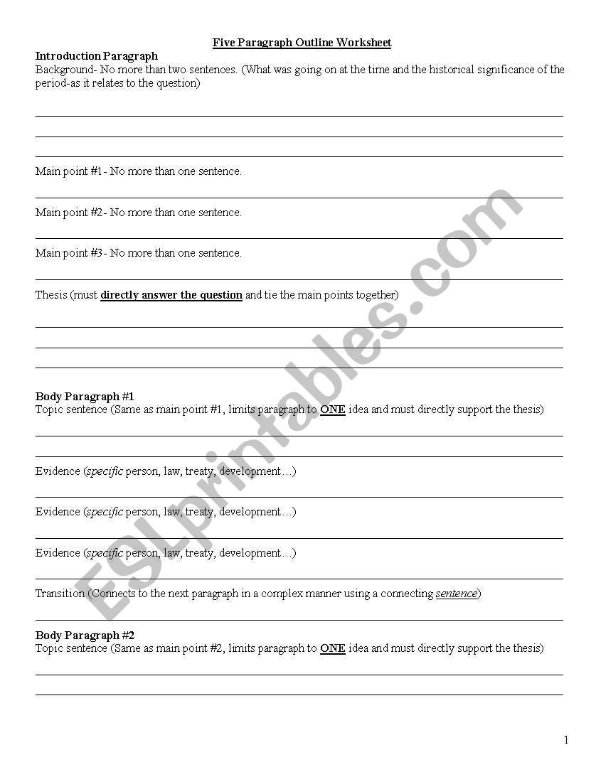 5 Paragraph Essay worksheet