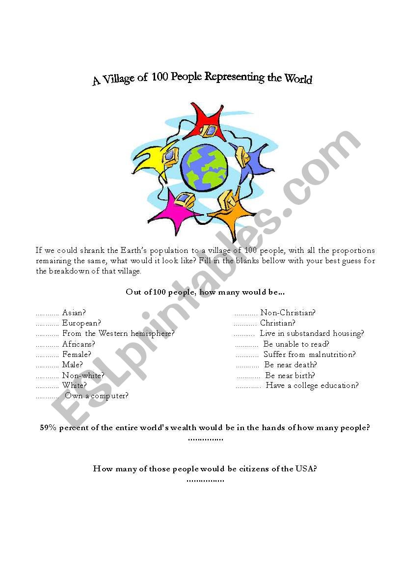 A Village Of 100 People Representing The World Esl Worksheet By