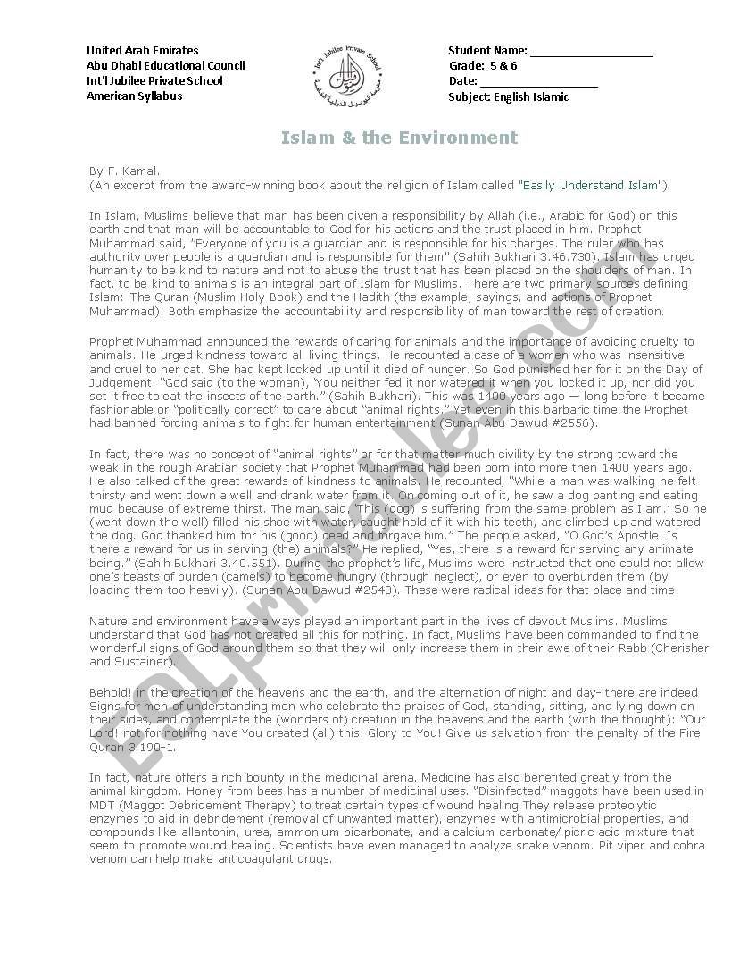 islam and environment worksheet