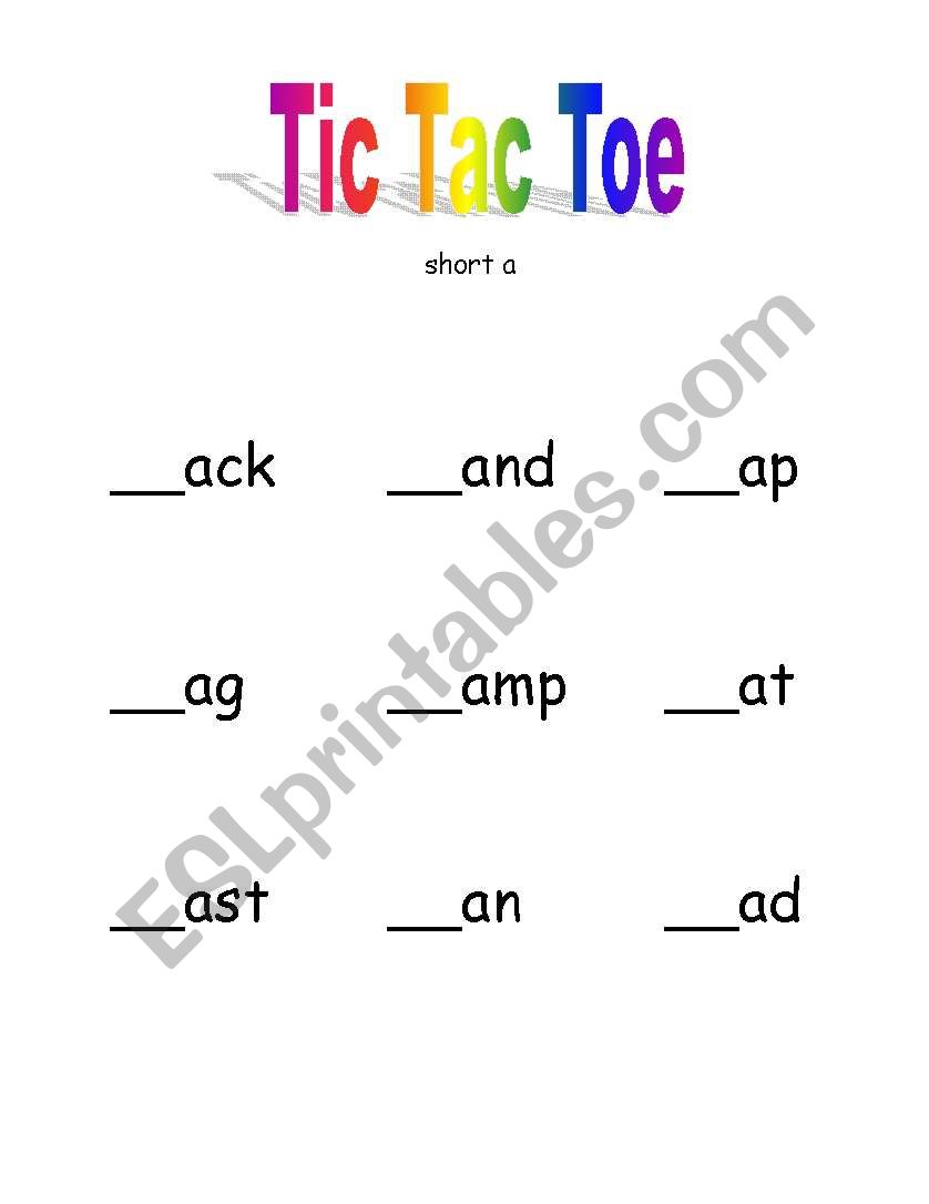 Short a vowel Tic Tac Toe worksheet