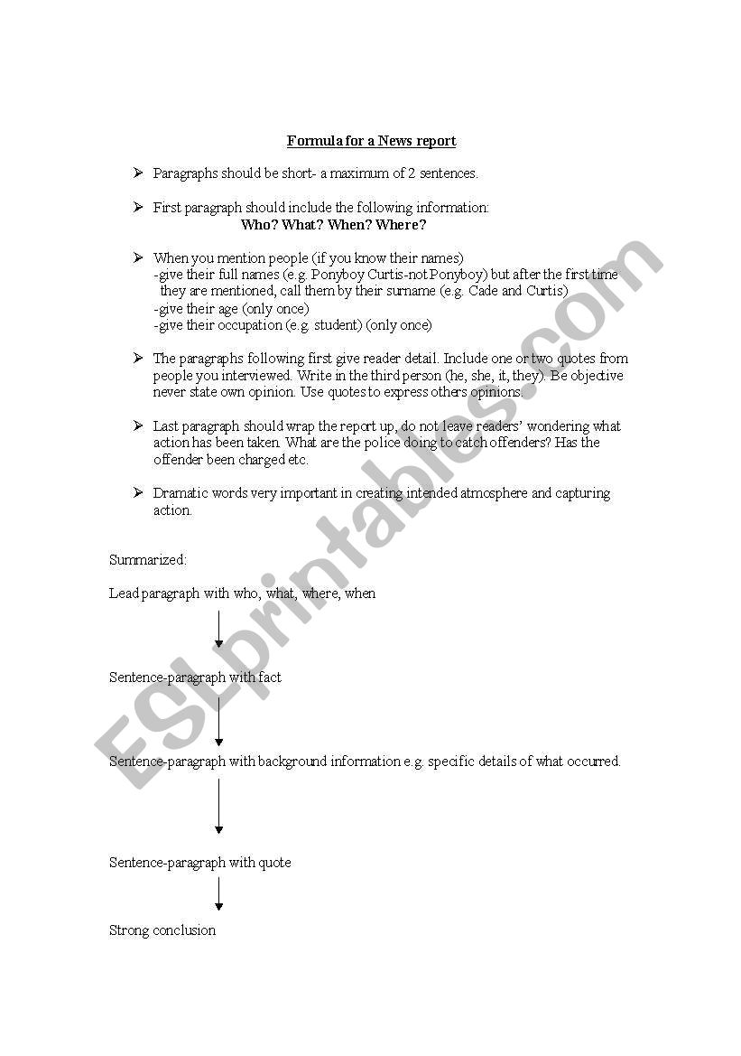 Formula for a news report worksheet