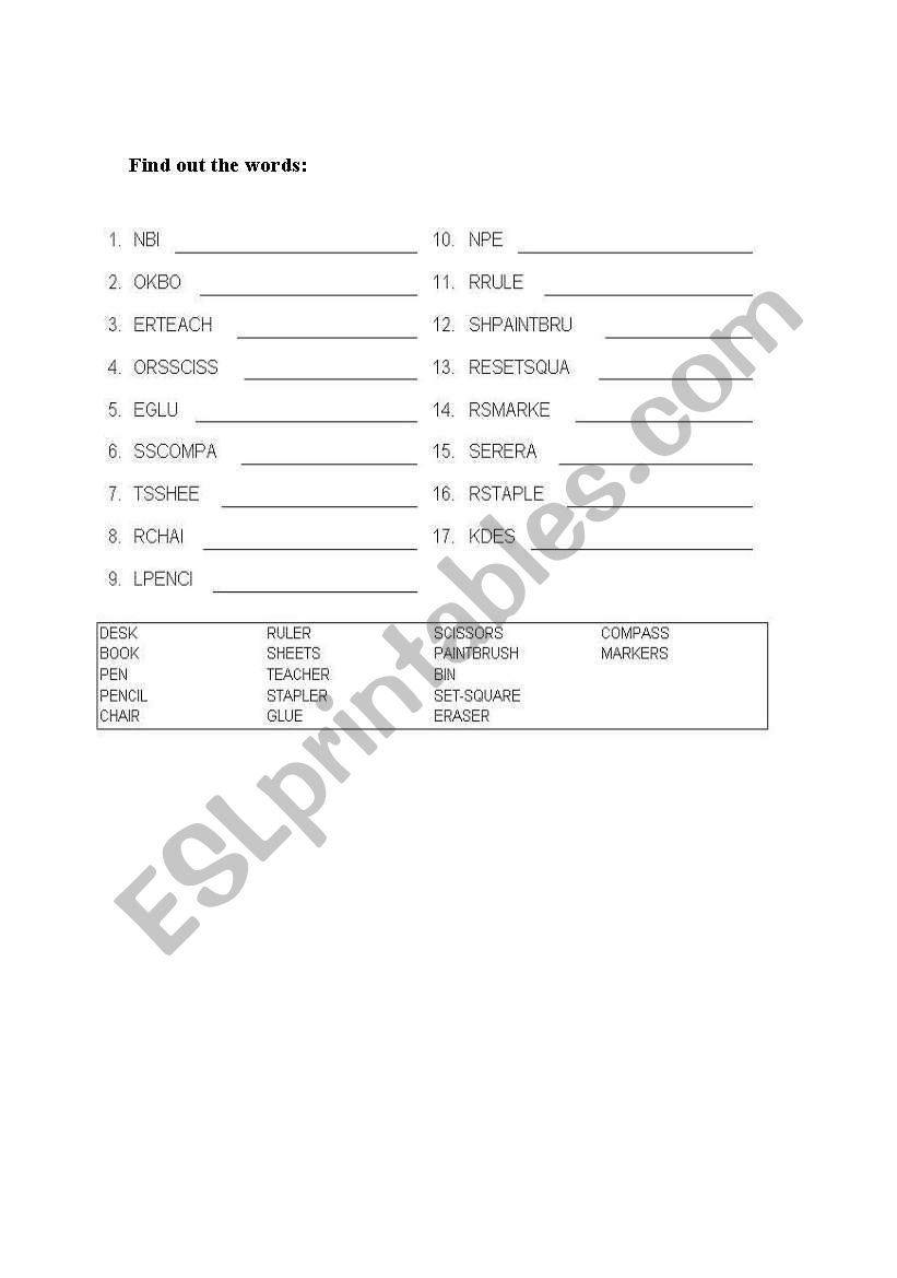 School Objects worksheet