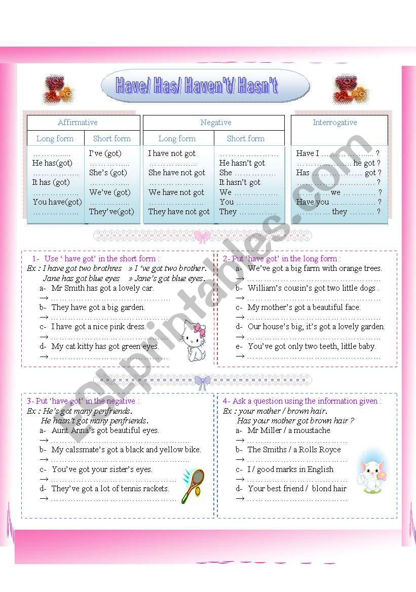 Have Has Haven´t Hasn´t Esl Worksheet By Magdalin