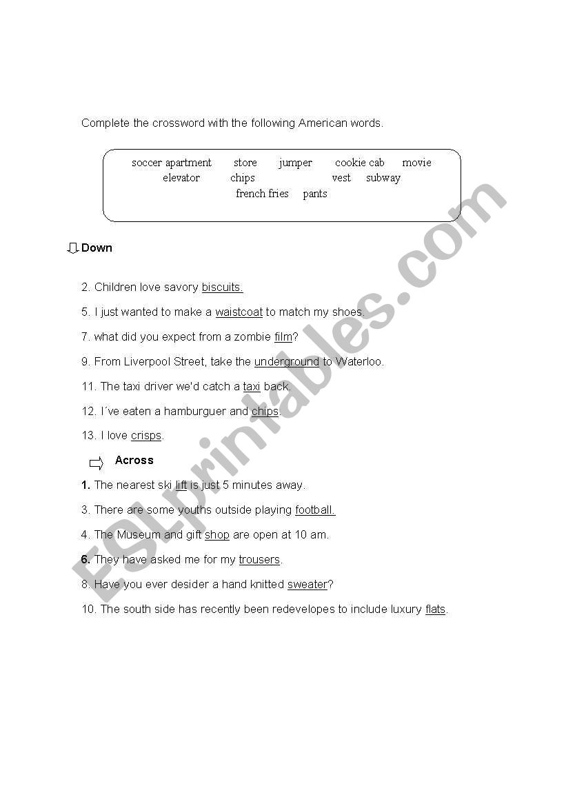 vocabulary crossword worksheet