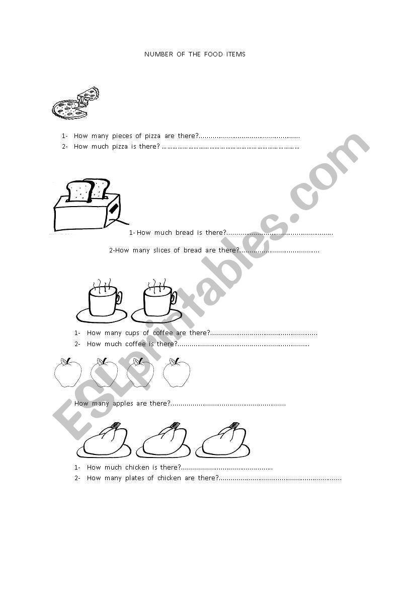 number of the food items worksheet