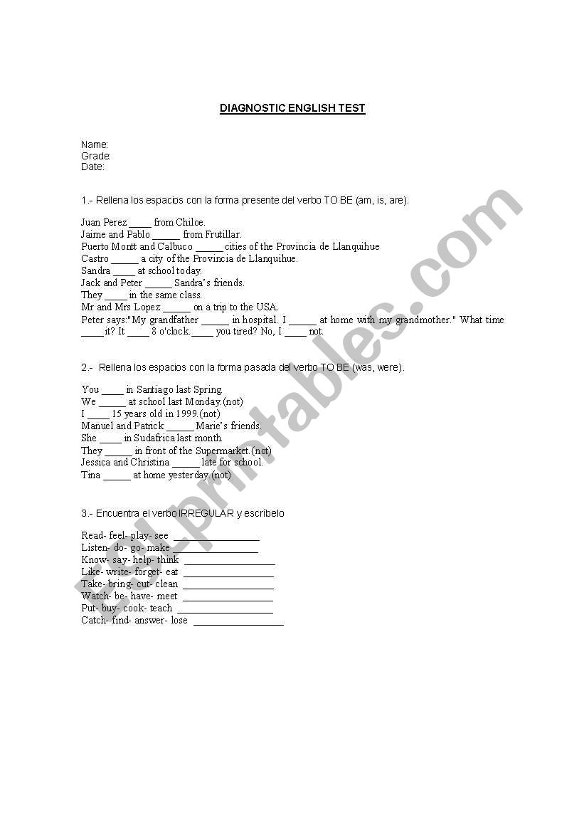 verb to be test worksheet