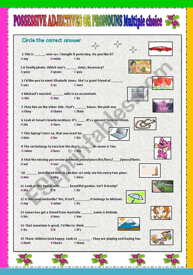 Possessive Adjectives Or Pronouns Multiple Choice ESL Worksheet By Traute