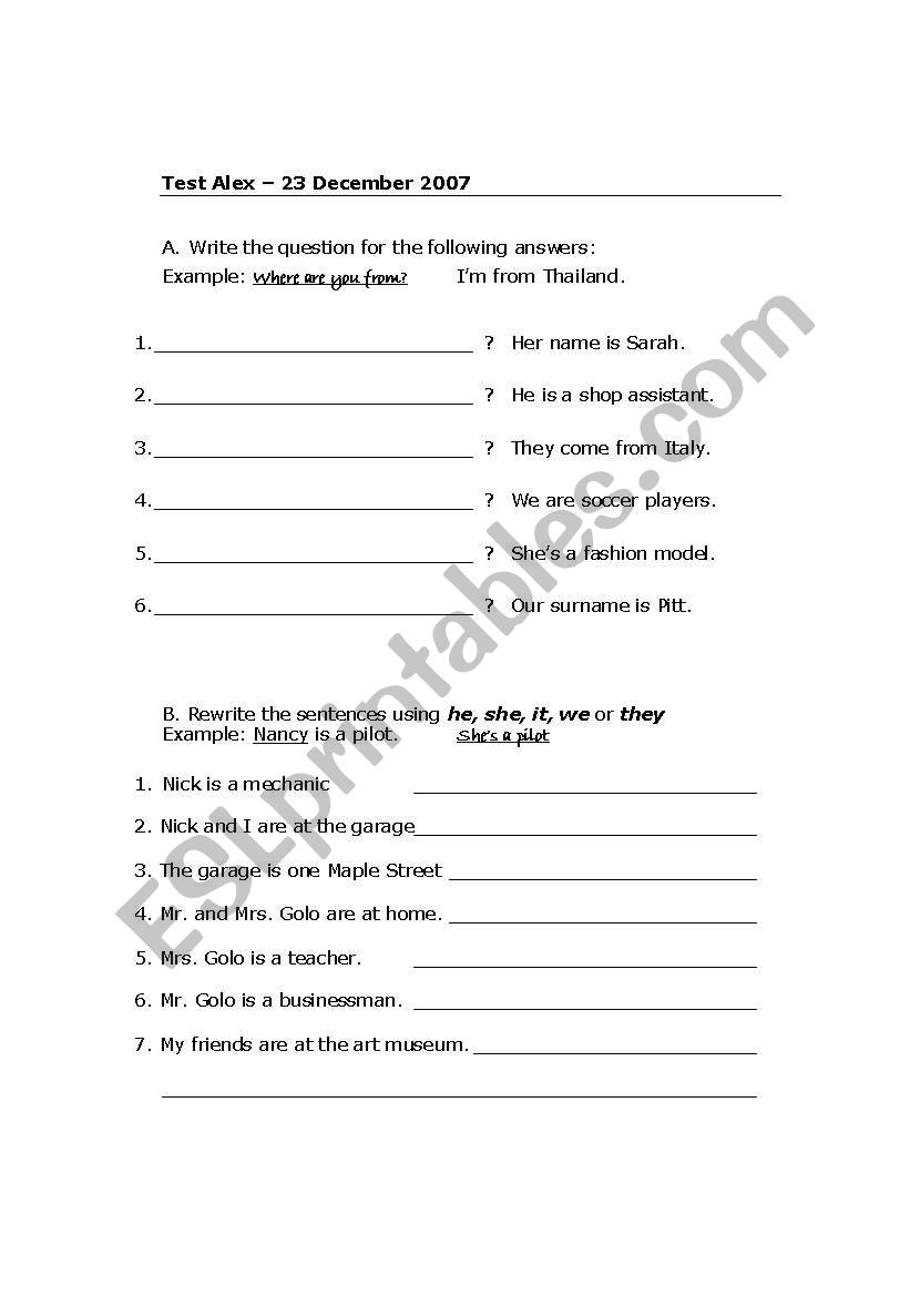 Beginners sample test worksheet