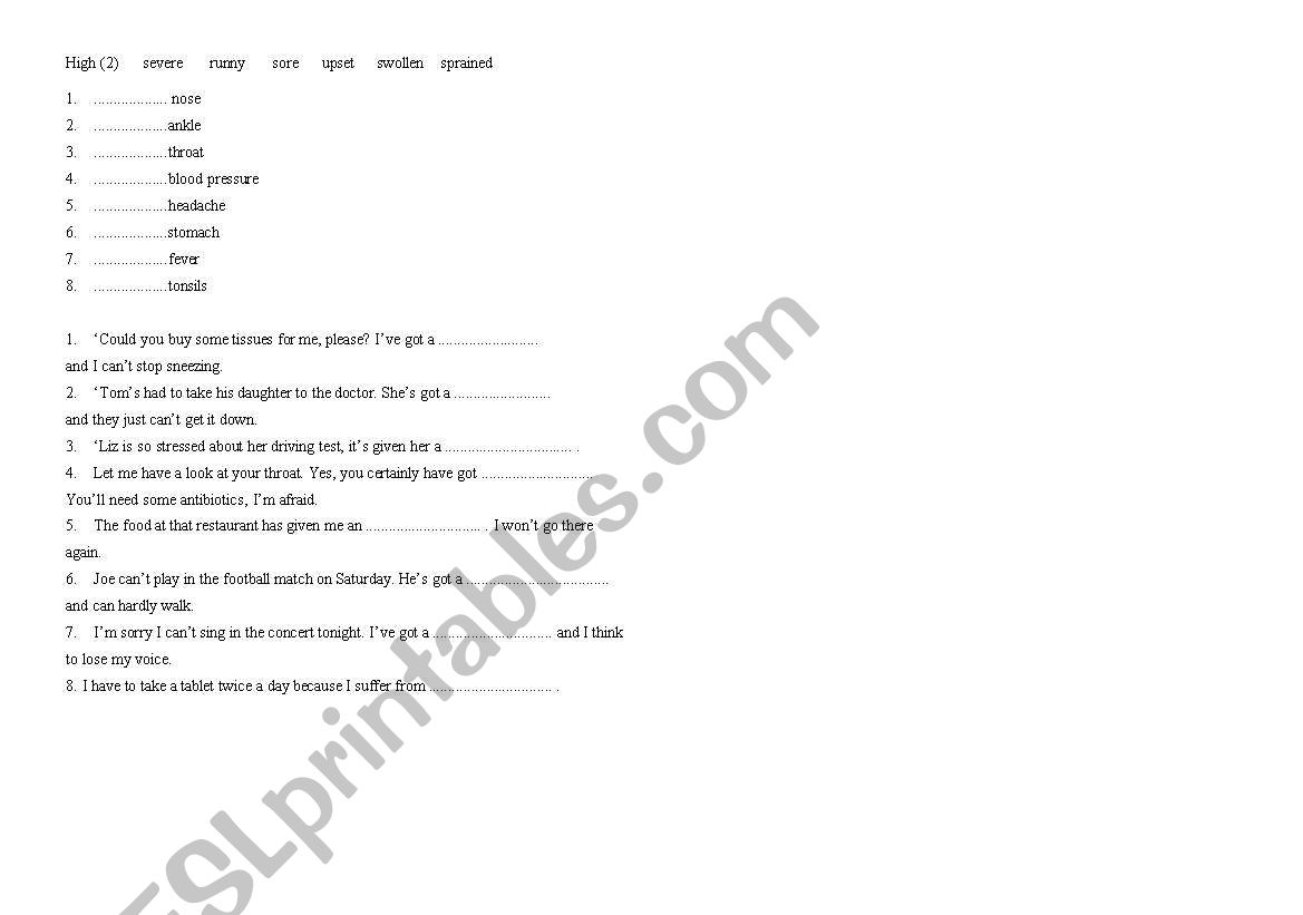 Ilnesses worksheet