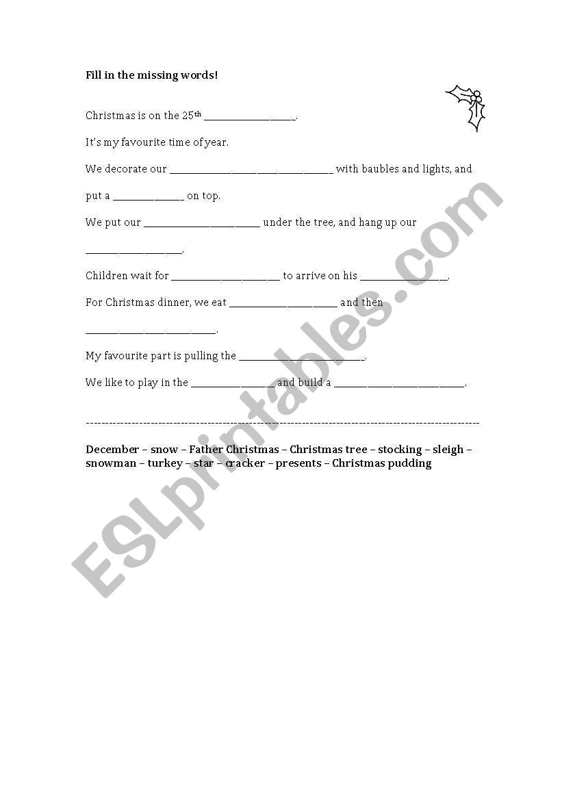 English worksheets: Christmas Wordfill