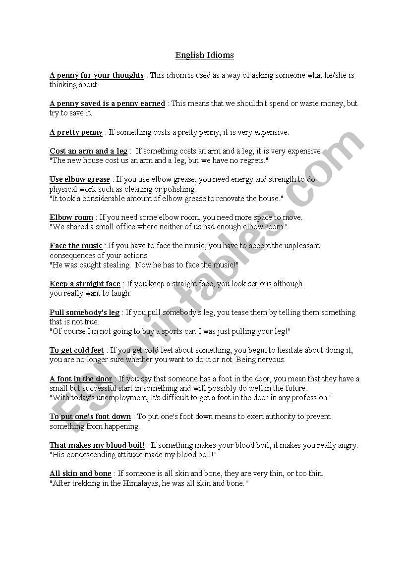 English Idioms worksheet