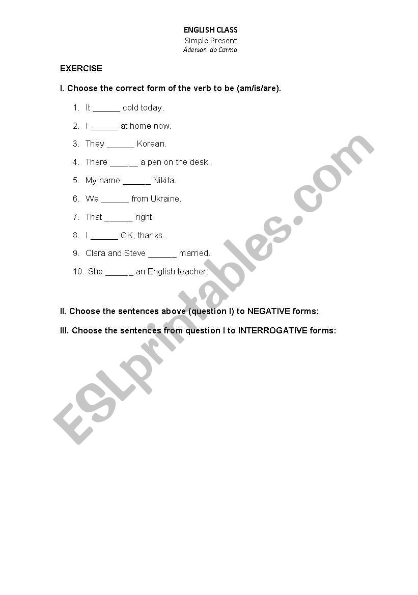 Verb To Be - Simple Present worksheet