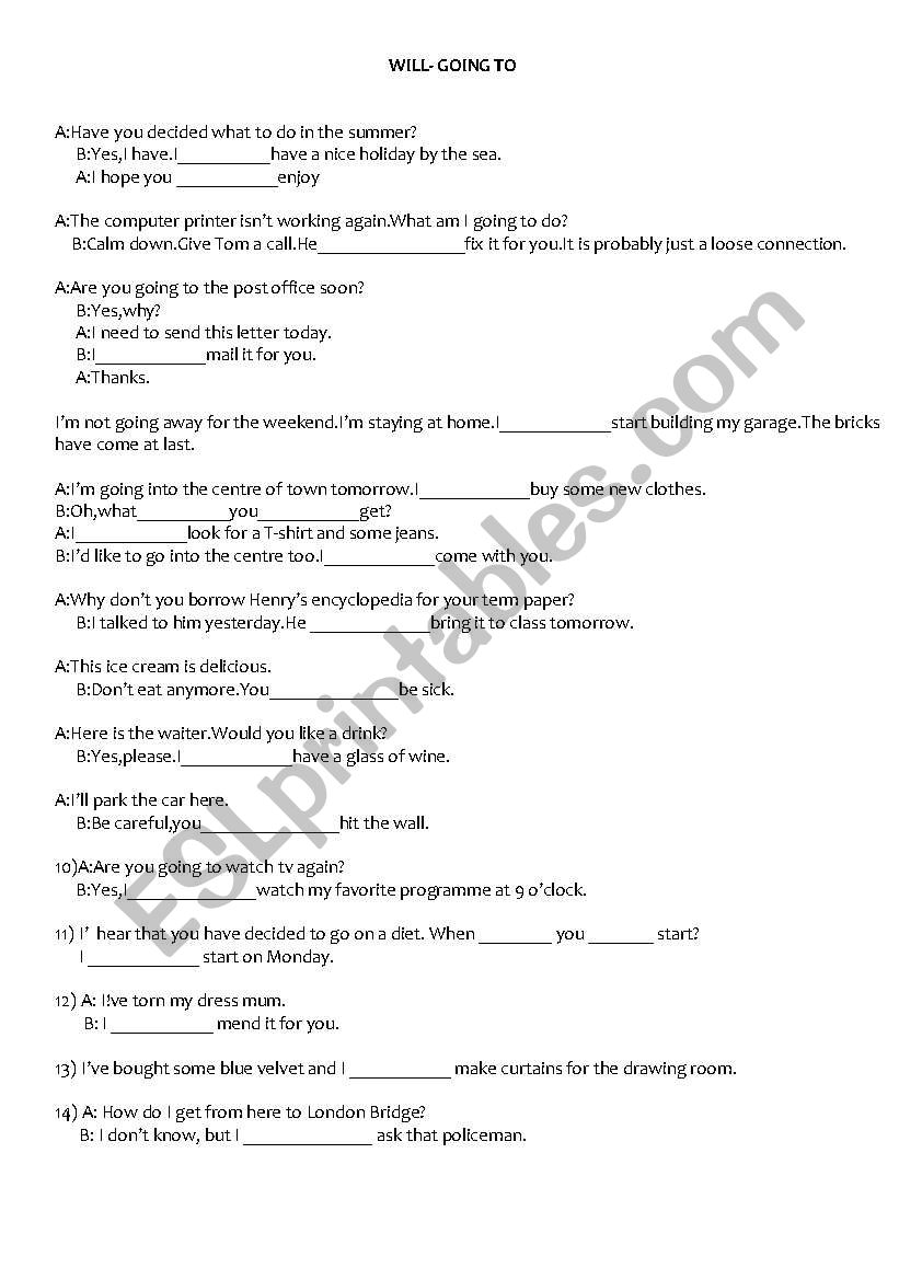 Will -  Going to exercises worksheet