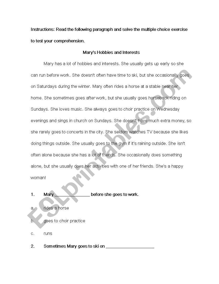 Marys Hobbies worksheet