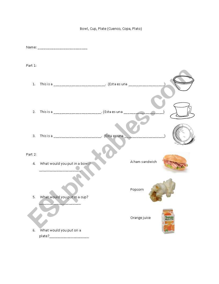 Bowl, cup, and plate.  worksheet