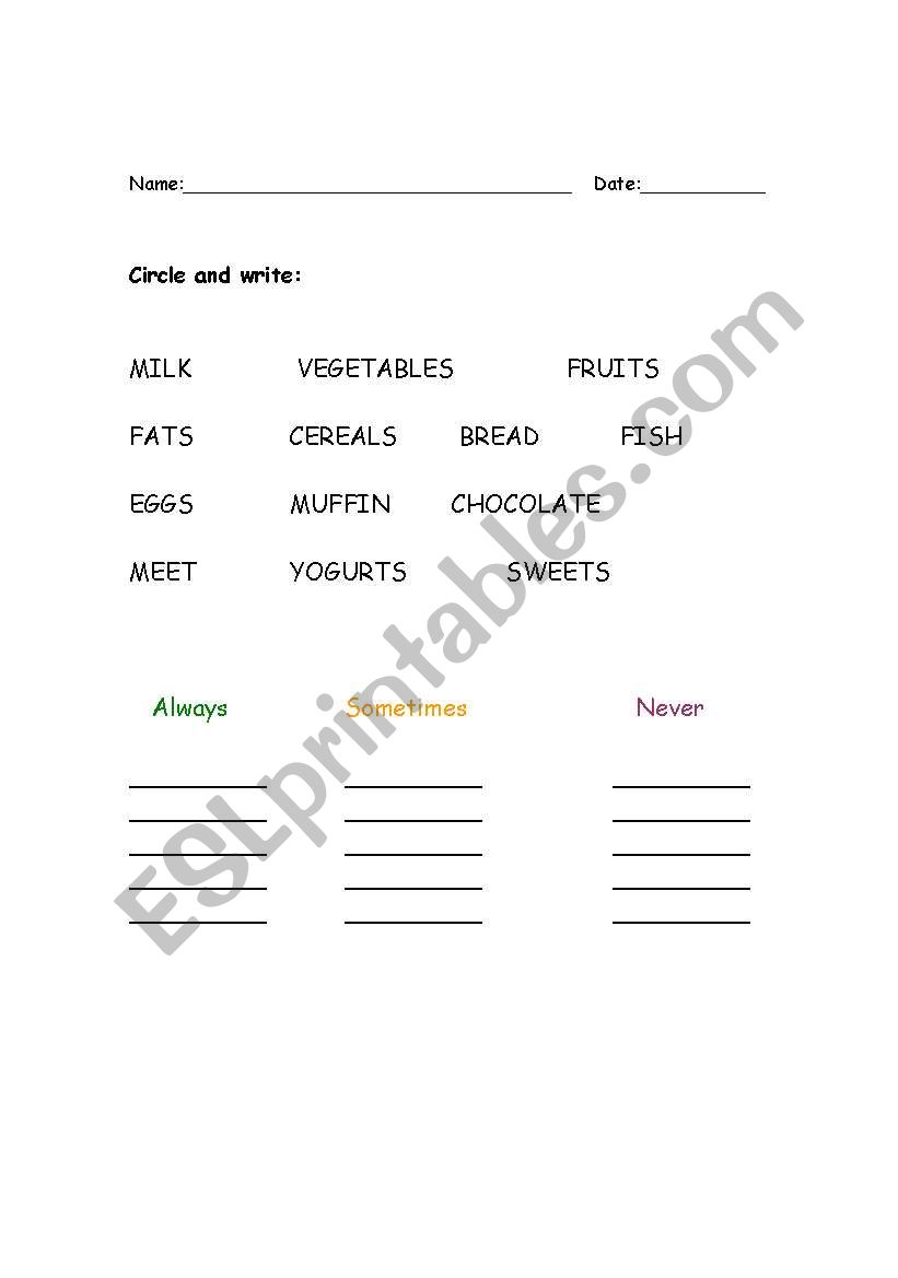 READ AND CIRCLE THE FOODS worksheet