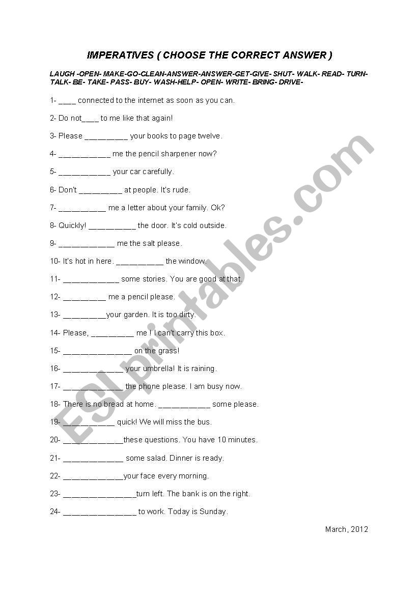 mperatives gap filling worksheet