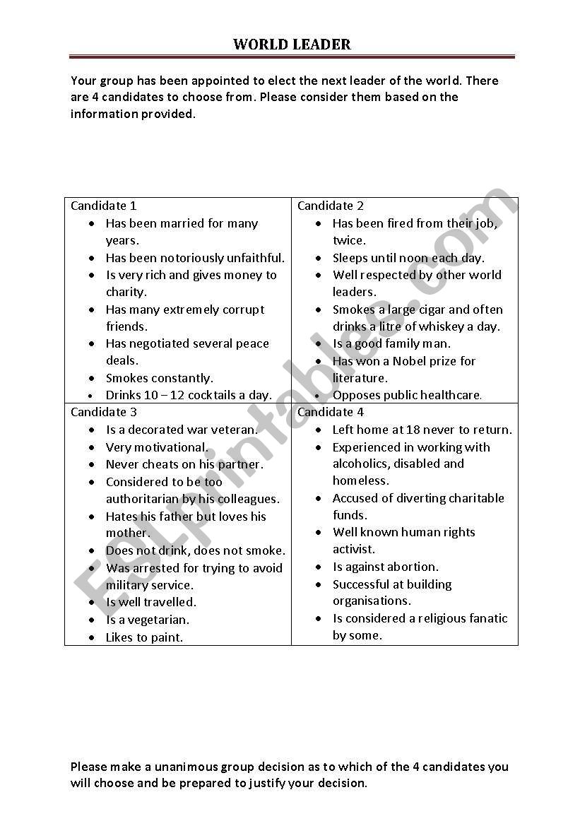 WORLD LEADER worksheet