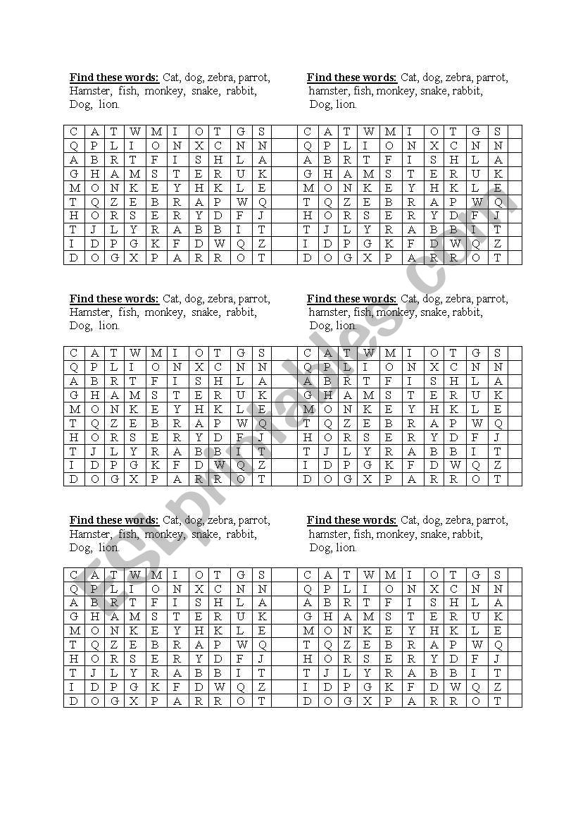 Find the names of the animals worksheet