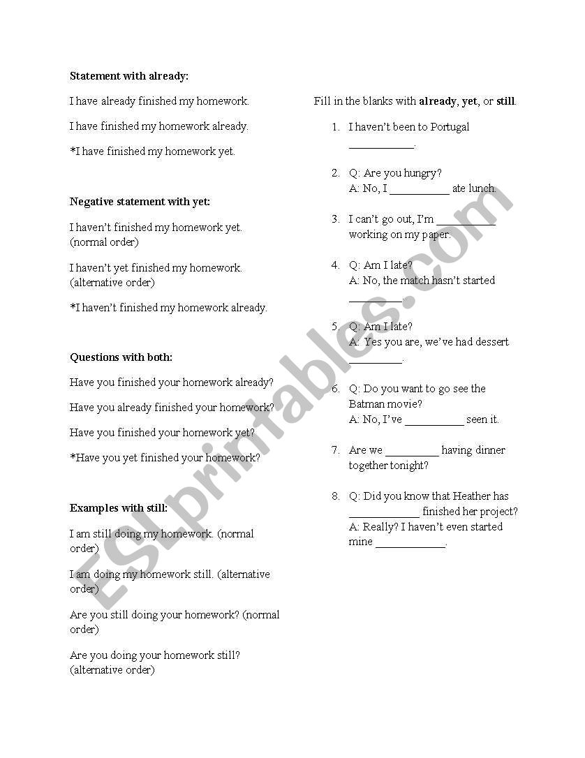 Already and Yet worksheet