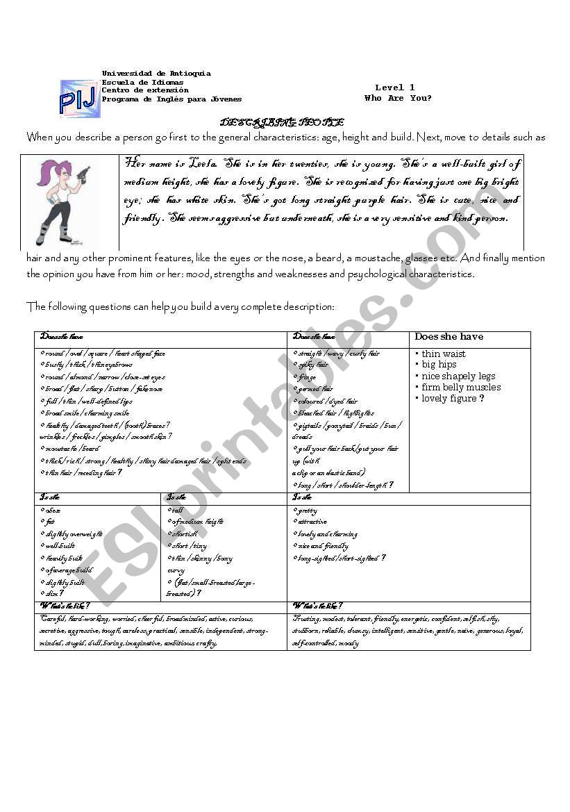 personal descriptio worksheet