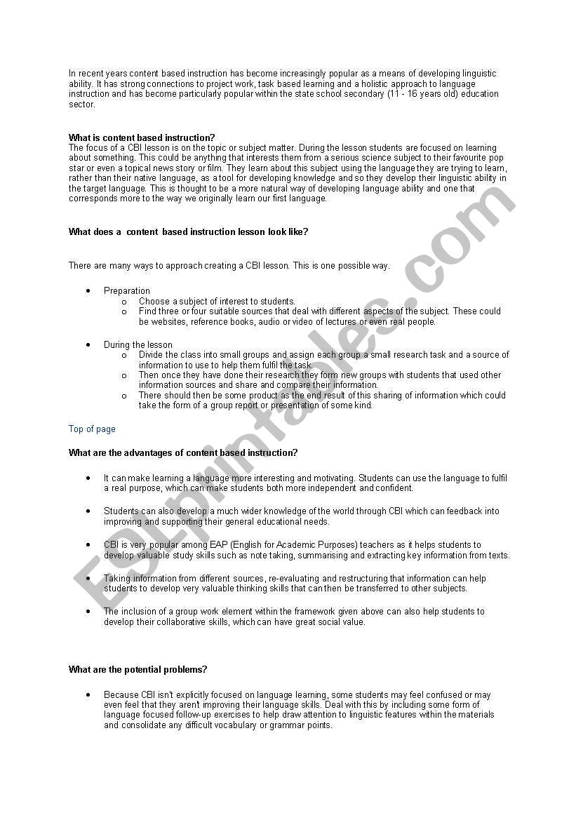 content based instruction worksheet