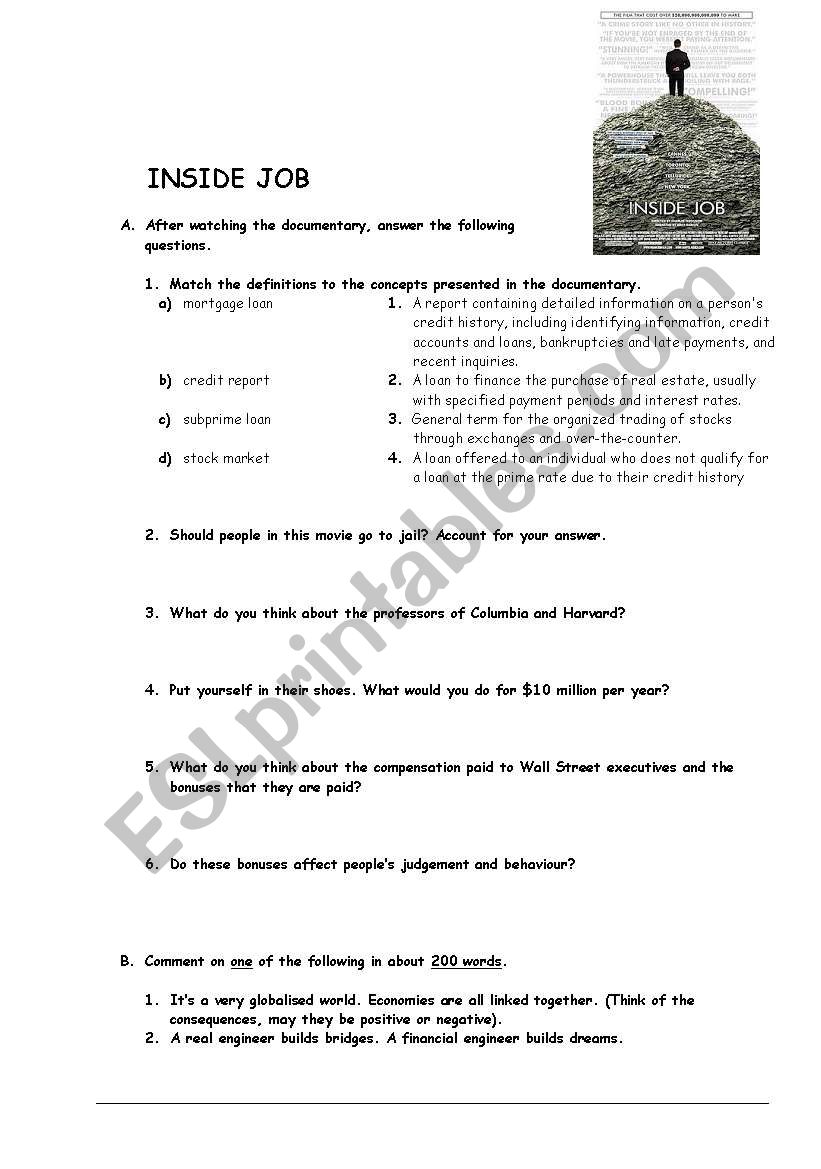 Inside Job Worksheet On The Documentary ESL Worksheet By Betinha78