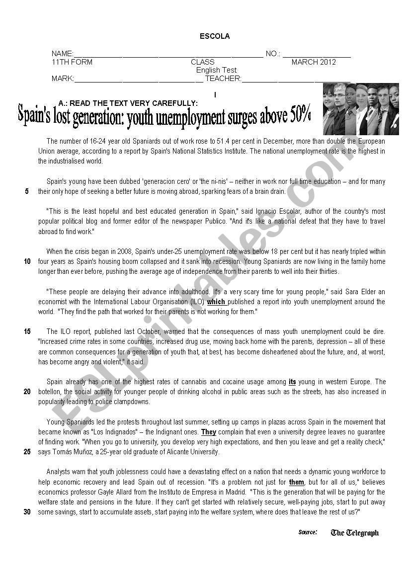 Test on Unemployment worksheet