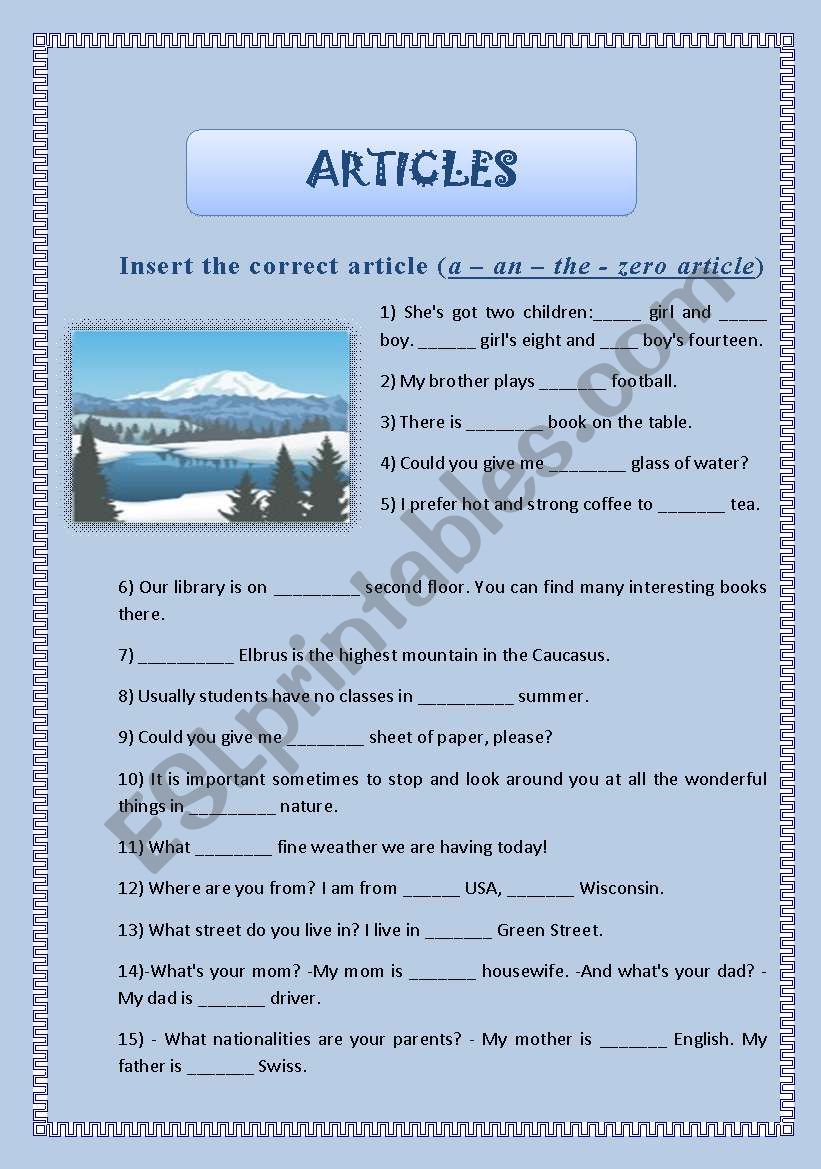 Articles worksheet